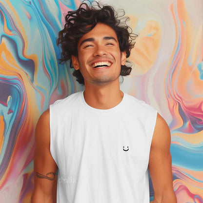 Dalix Lil Smile Embroidered Muscle Tank Cotton Soft Outdoor Summer Mens in White 2XL XX-Large