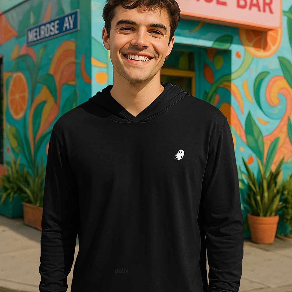 Dalix Mens Ghost Hooded Long Sleeve Jersey T Shirt Lightweight Casual Tee in Black S Small