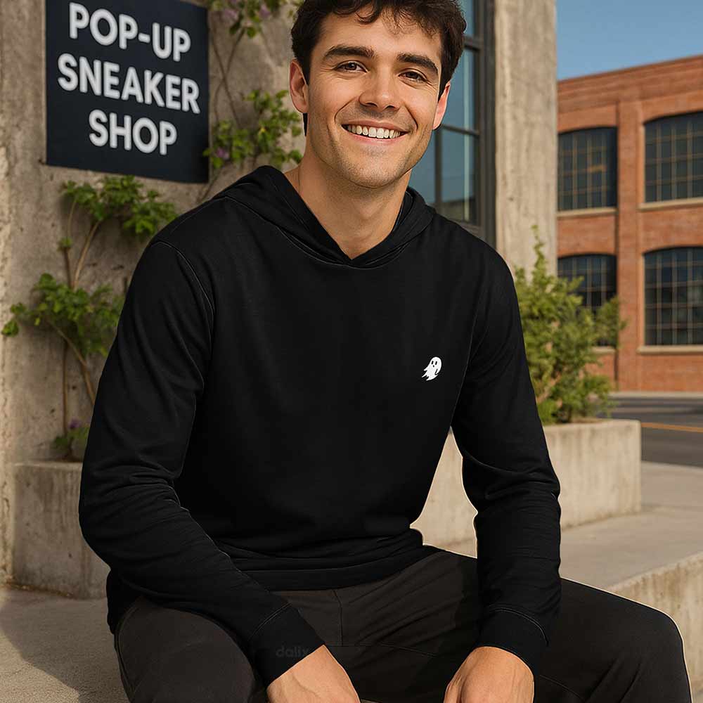 Dalix Mens Ghost Hooded Long Sleeve Jersey T Shirt Lightweight Casual Tee in Black S Small
