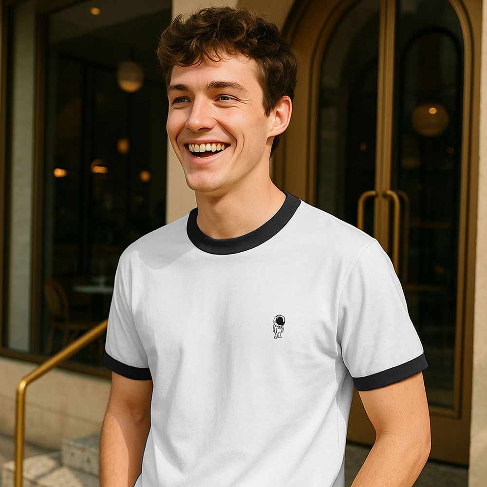 Dalix Mens Astronaut Jersey Ringer Tee Short Sleeve Spring Summer in White Black S Small