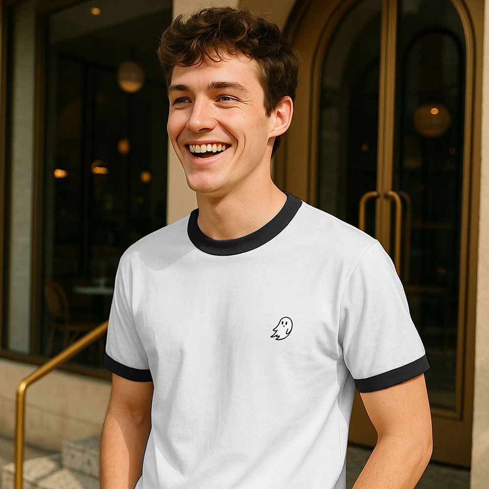 Dalix Mens Ghost Jersey Ringer Tee Short Sleeve Spring Summer in White Black S Small
