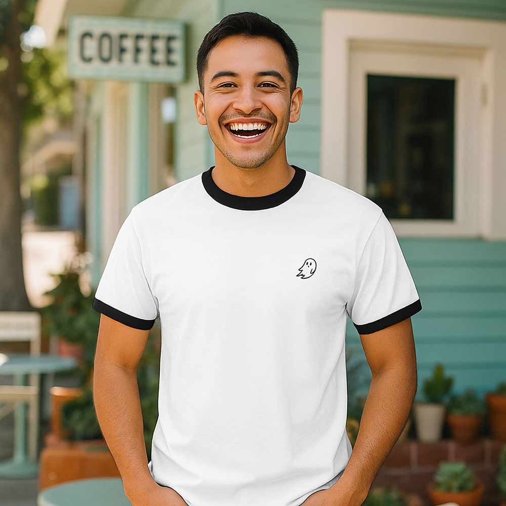 Dalix Mens Ghost Jersey Ringer Tee Short Sleeve Spring Summer in White Black S Small