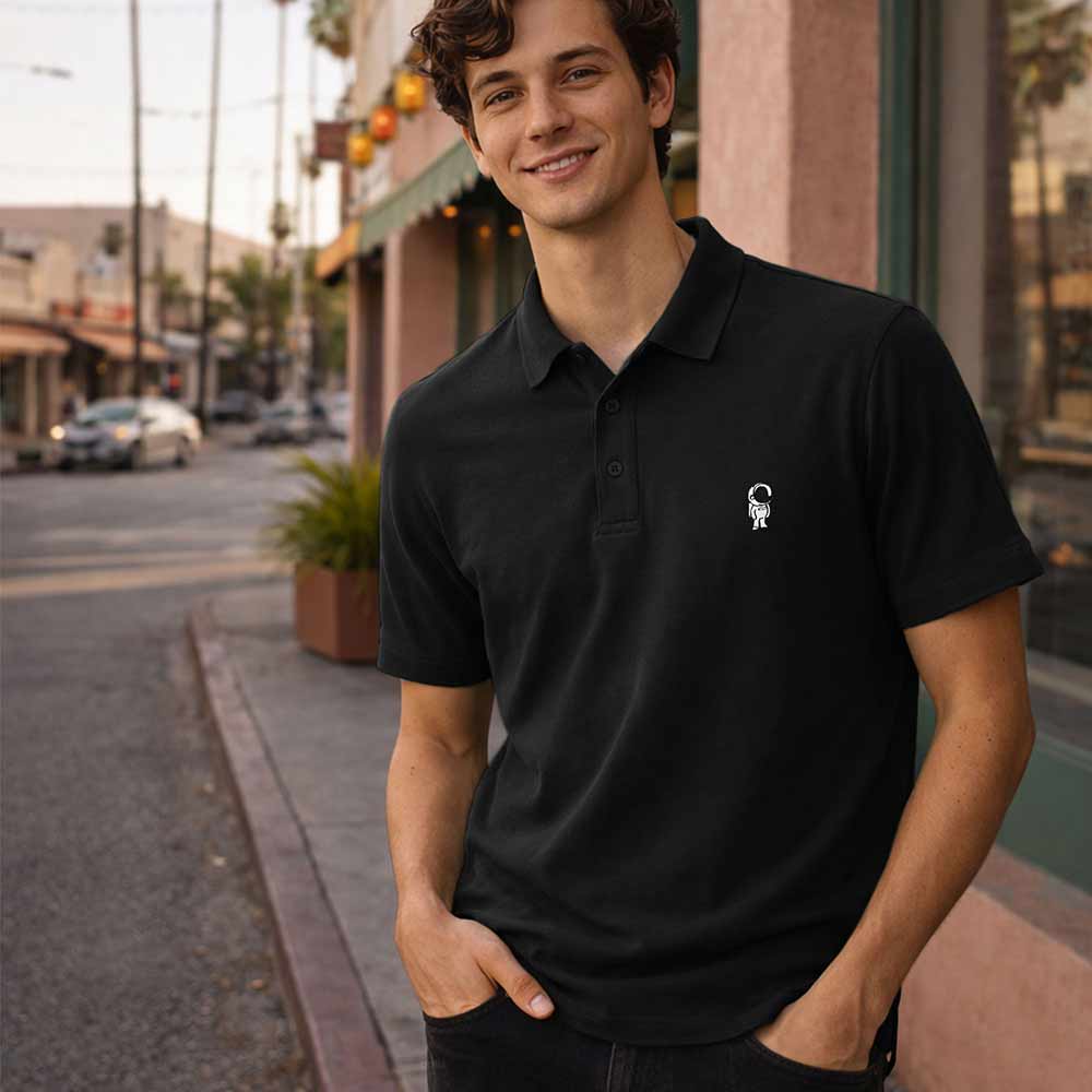 Dalix Astronaut Midweight 3 Button Casual Polo Short Sleeve Cotton Collared Shirt in Black S Small