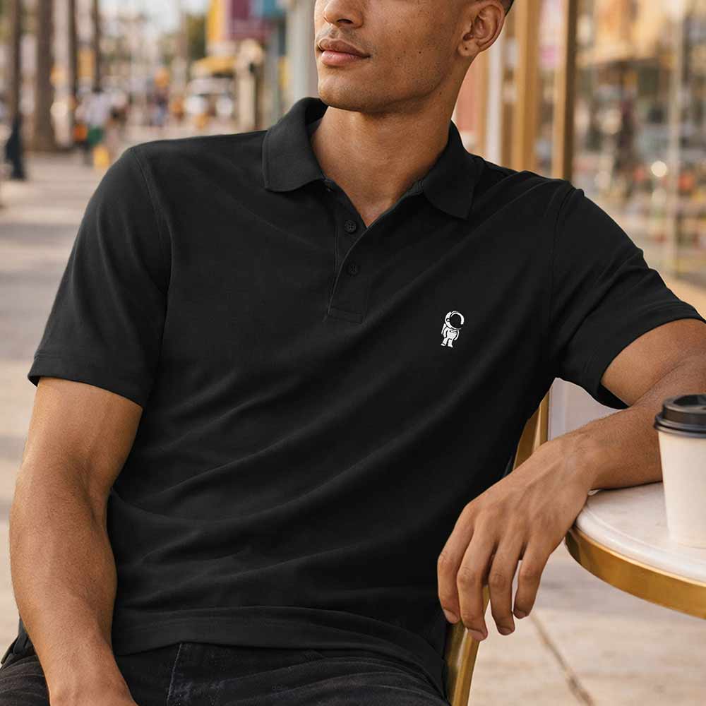 Dalix Astronaut Midweight 3 Button Casual Polo Short Sleeve Cotton Collared Shirt in Black S Small
