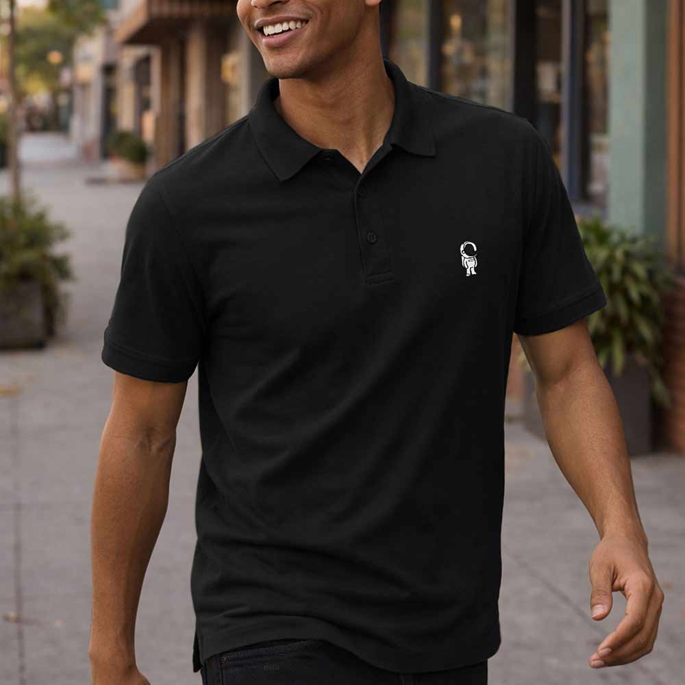 Dalix Astronaut Midweight 3 Button Casual Polo Short Sleeve Cotton Collared Shirt in Black S Small