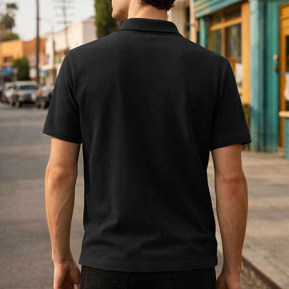 Dalix Astronaut Midweight 3 Button Casual Polo Short Sleeve Cotton Collared Shirt in Black S Small