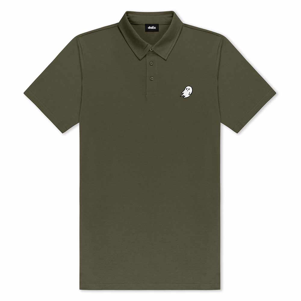Dalix Ghost Midweight 3 Button Casual Polo Short Sleeve Cotton Collared Shirt in Army S Small