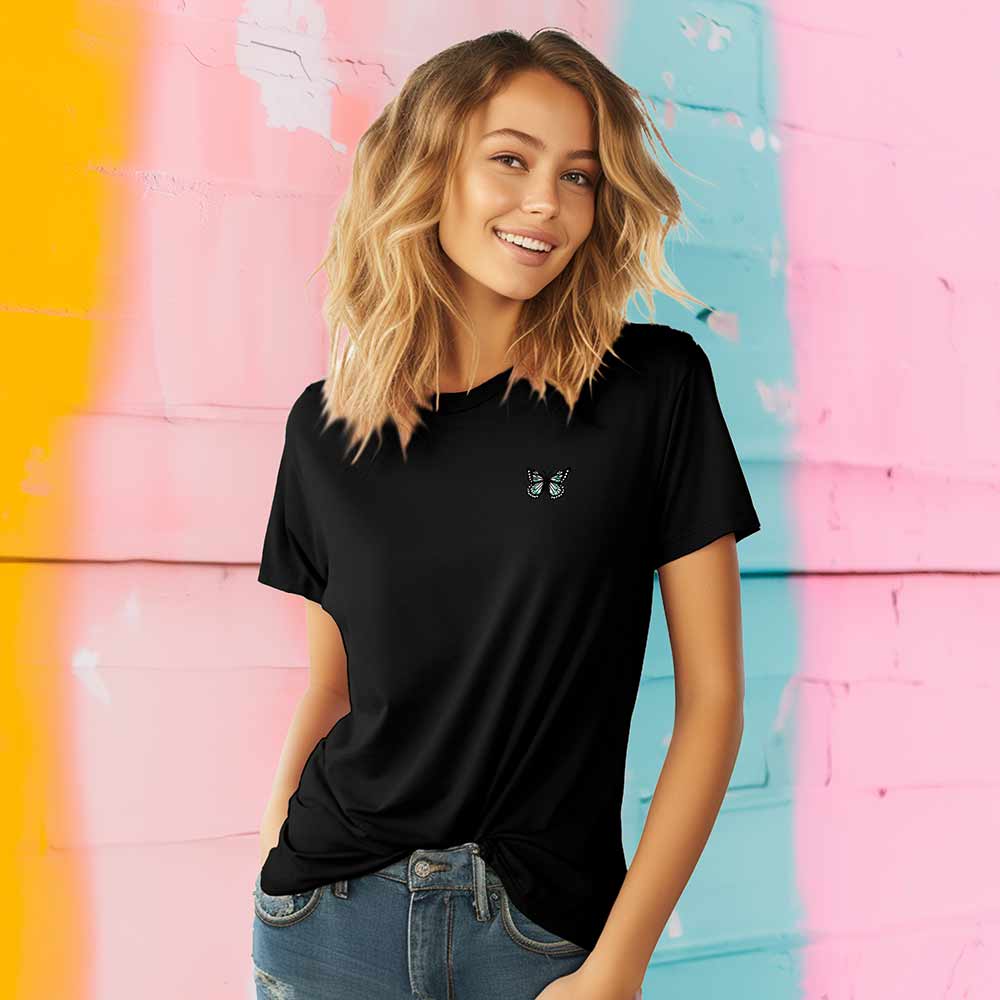 Dalix Butterfly Embroidered Cotton Relaxed Fit Short Sleeve Crewneck Tee Shirt Women in Black 2XL XX-Large