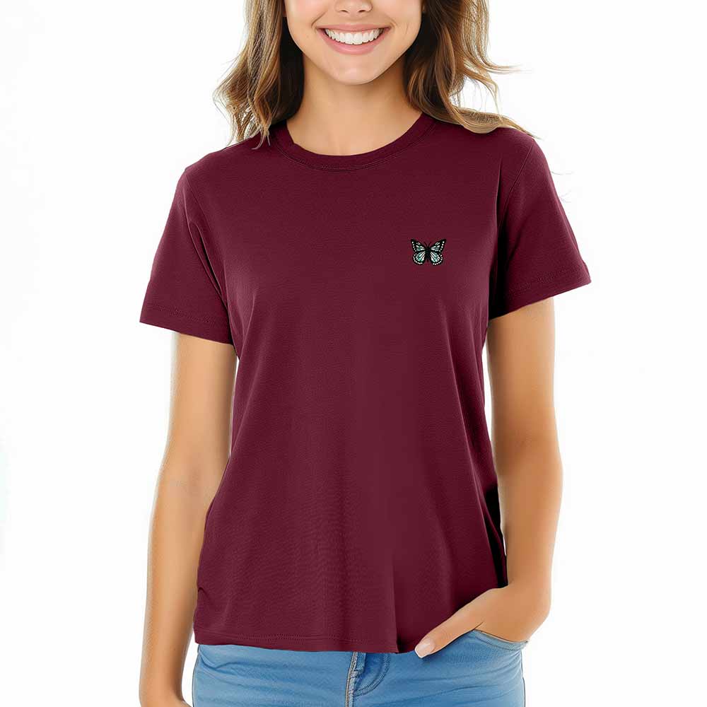 Dalix Butterfly Embroidered Cotton Relaxed Fit Short Sleeve Crewneck Tee Shirt Women in Maroon 2XL XX-Large