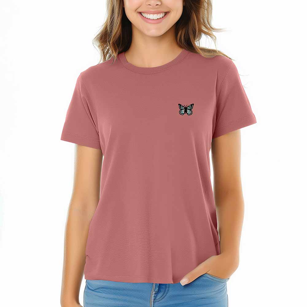 Dalix Butterfly Embroidered Cotton Relaxed Fit Short Sleeve Crewneck Tee Shirt Women in Mauve 2XL XX-Large