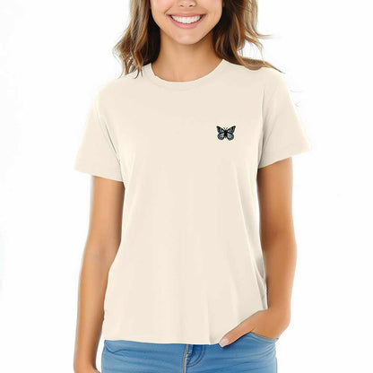 Dalix Butterfly Embroidered Cotton Relaxed Fit Short Sleeve Crewneck Tee Shirt Women in Natural 2XL XX-Large