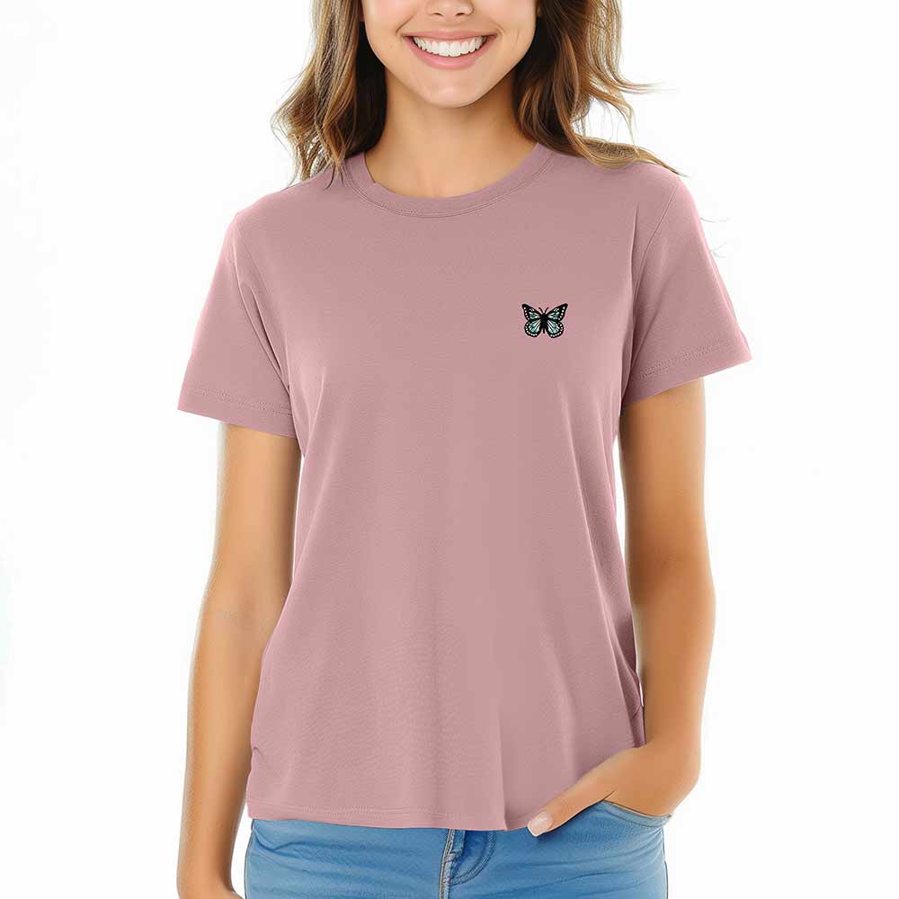 Dalix Butterfly Embroidered Cotton Relaxed Fit Short Sleeve Crewneck Tee Shirt Women in Orchid Purple 2XL XX-Large