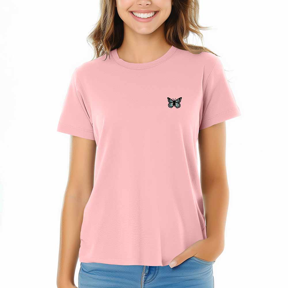 Dalix Butterfly Embroidered Cotton Relaxed Fit Short Sleeve Crewneck Tee Shirt Women in Charity Pink 2XL XX-Large