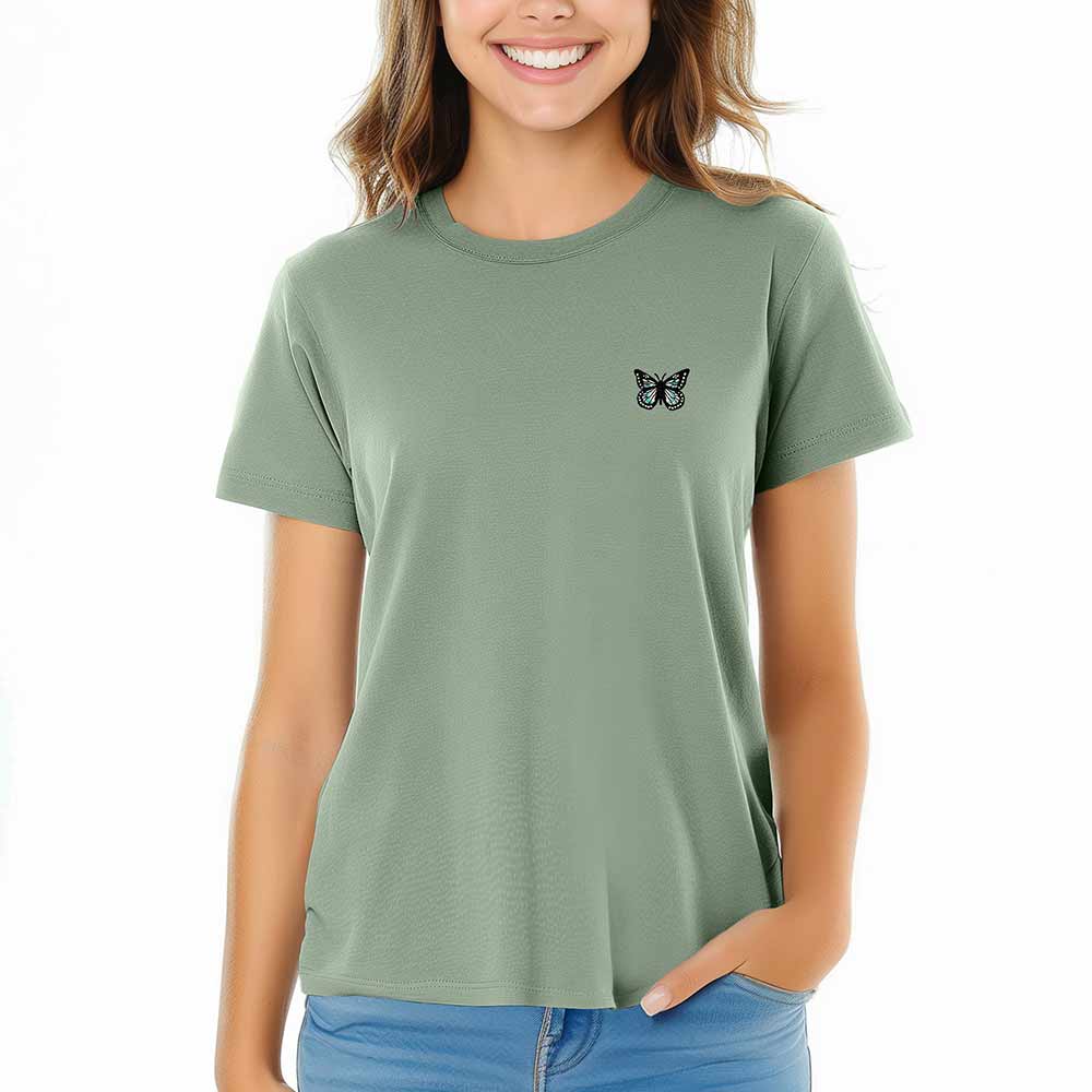 Dalix Butterfly Embroidered Cotton Relaxed Fit Short Sleeve Crewneck Tee Shirt Women in Sage 2XL XX-Large