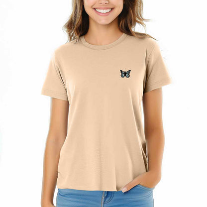Dalix Butterfly Embroidered Cotton Relaxed Fit Short Sleeve Crewneck Tee Shirt Women in Sand 2XL XX-Large