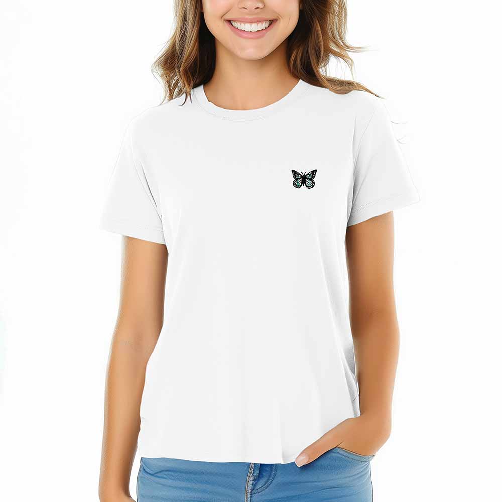 Dalix Butterfly Embroidered Cotton Relaxed Fit Short Sleeve Crewneck Tee Shirt Women in Vintage White 2XL XX-Large