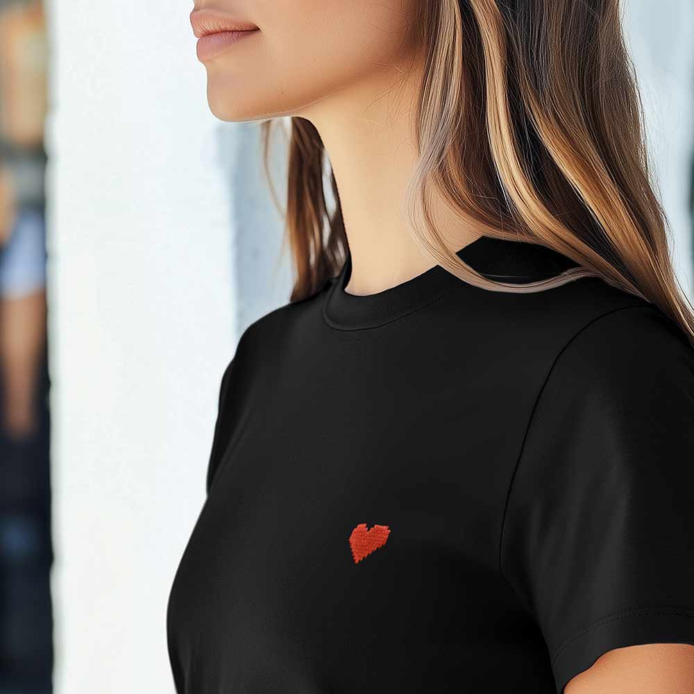 Dalix Pixel Heart Embroidered Lightweight Relaxed Jersey Tee Summer Cute Love Womens in Black 2XL XX-Large