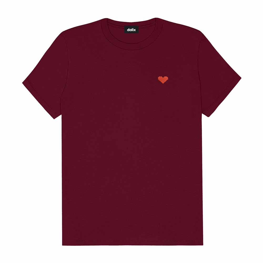 Dalix Pixel Heart Embroidered Lightweight Relaxed Jersey Tee Summer Cute Love Womens in Maroon 2XL XX-Large