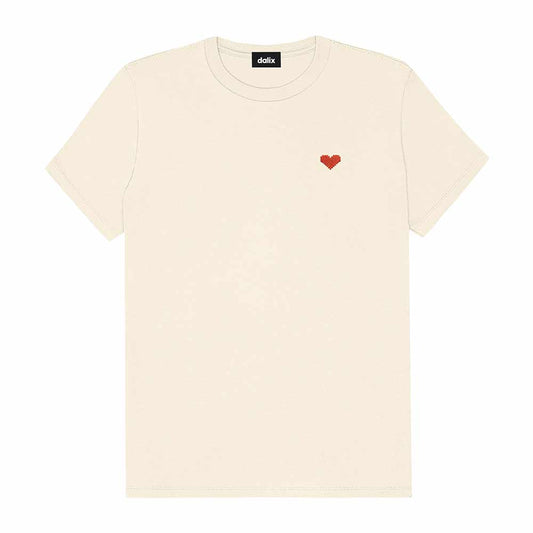 Dalix Pixel Heart Embroidered Lightweight Relaxed Jersey Tee Summer Cute Love Womens in Natural 2XL XX-Large