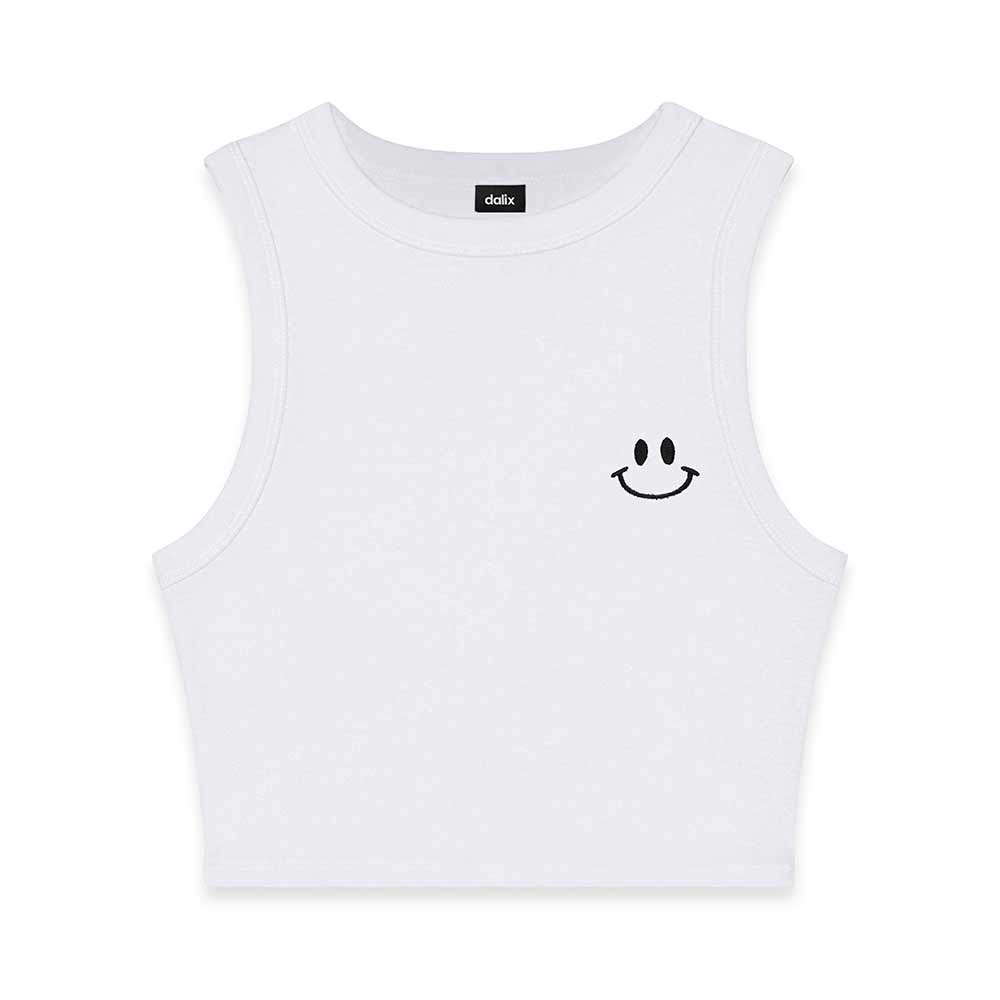 Dalix Smile Face Rib Crop Muscle Tank Cute Womens in White L Large