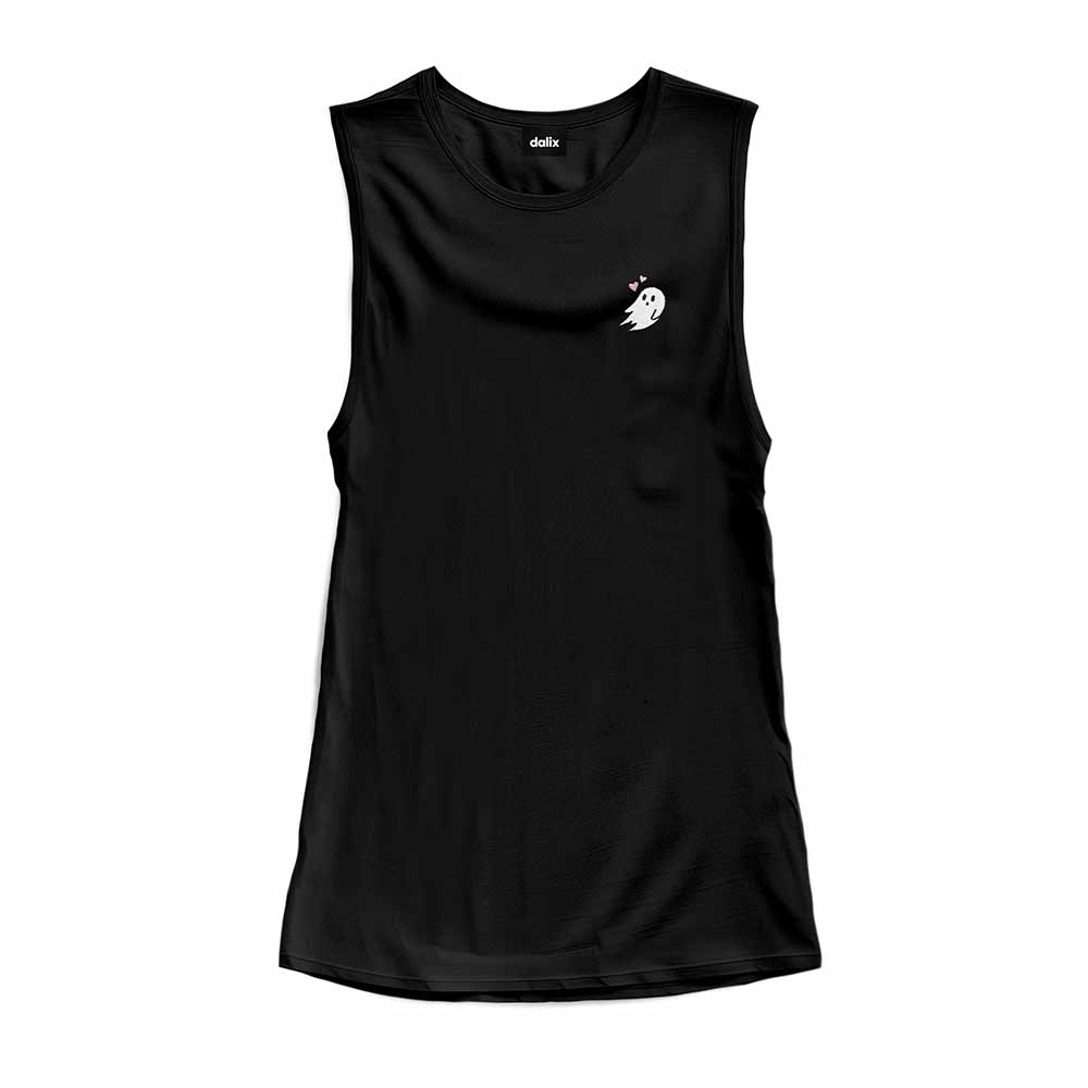 Dalix Ghost Embroidered Muscle Tank Sleeveless Cotton Soft Summer Womens in Black L Large