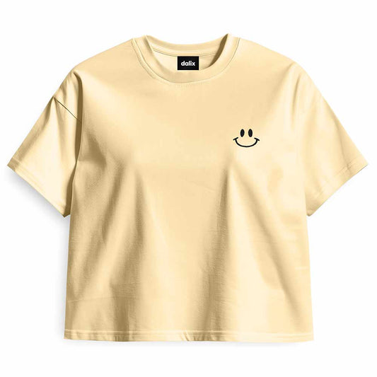 Dalix Smile Face Boxy Short Sleeve Tee Relaxed Summer Cotton Garment Dyed Womens in Yellow 2XL XX-Large