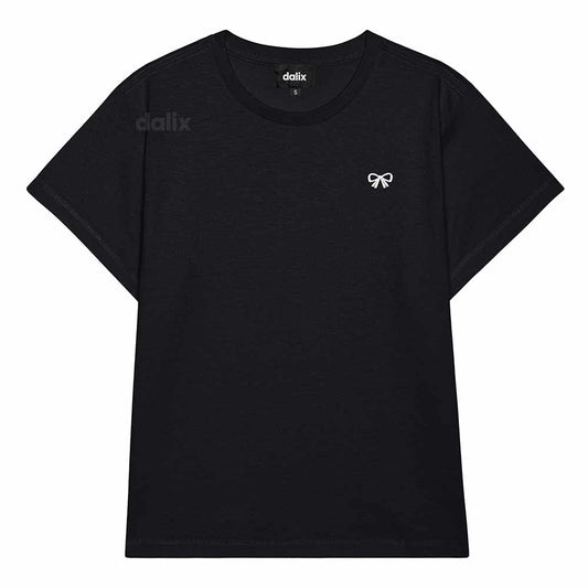 Dalix Bow Cropped Tee Lightweight High Waisted Short Sleeve Summer Shirt Womens in Black S Small