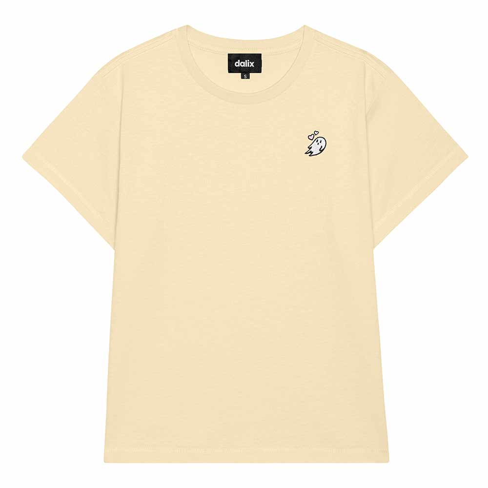 Dalix Heartly Ghost Cropped Tee Lightweight High Waisted Short Sleeve Summer Shirt Womens in Butter Cream S Small
