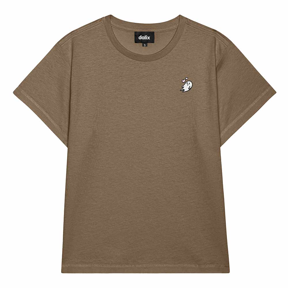 Dalix Heartly Ghost Cropped Tee Lightweight High Waisted Short Sleeve Summer Shirt Womens in Latte S Small
