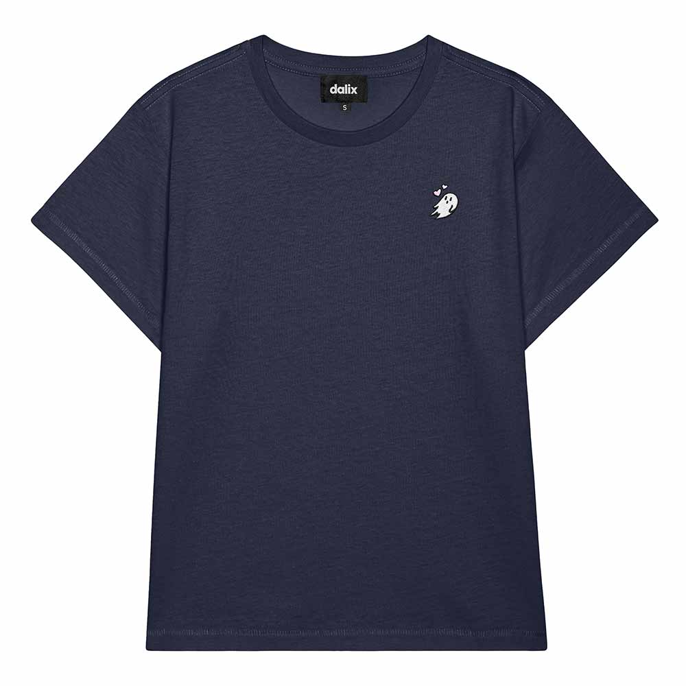 Dalix Heartly Ghost Cropped Tee Lightweight High Waisted Short Sleeve Summer Shirt Womens in Navy S Small