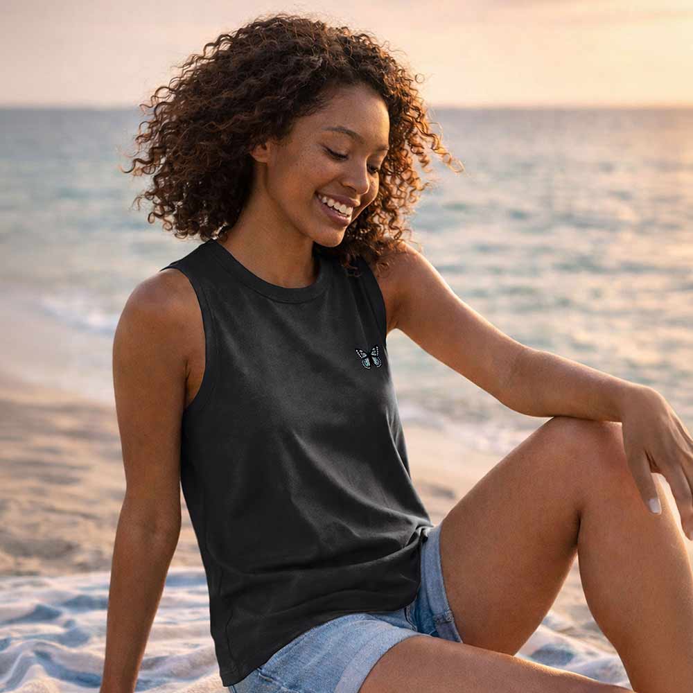 Dalix Butterfly Cotton Tank Top Sleeveless Shirt Relaxed Fit Midweight Soft Breathable Casual Everyday Wear Womens in Black XS X-Small
