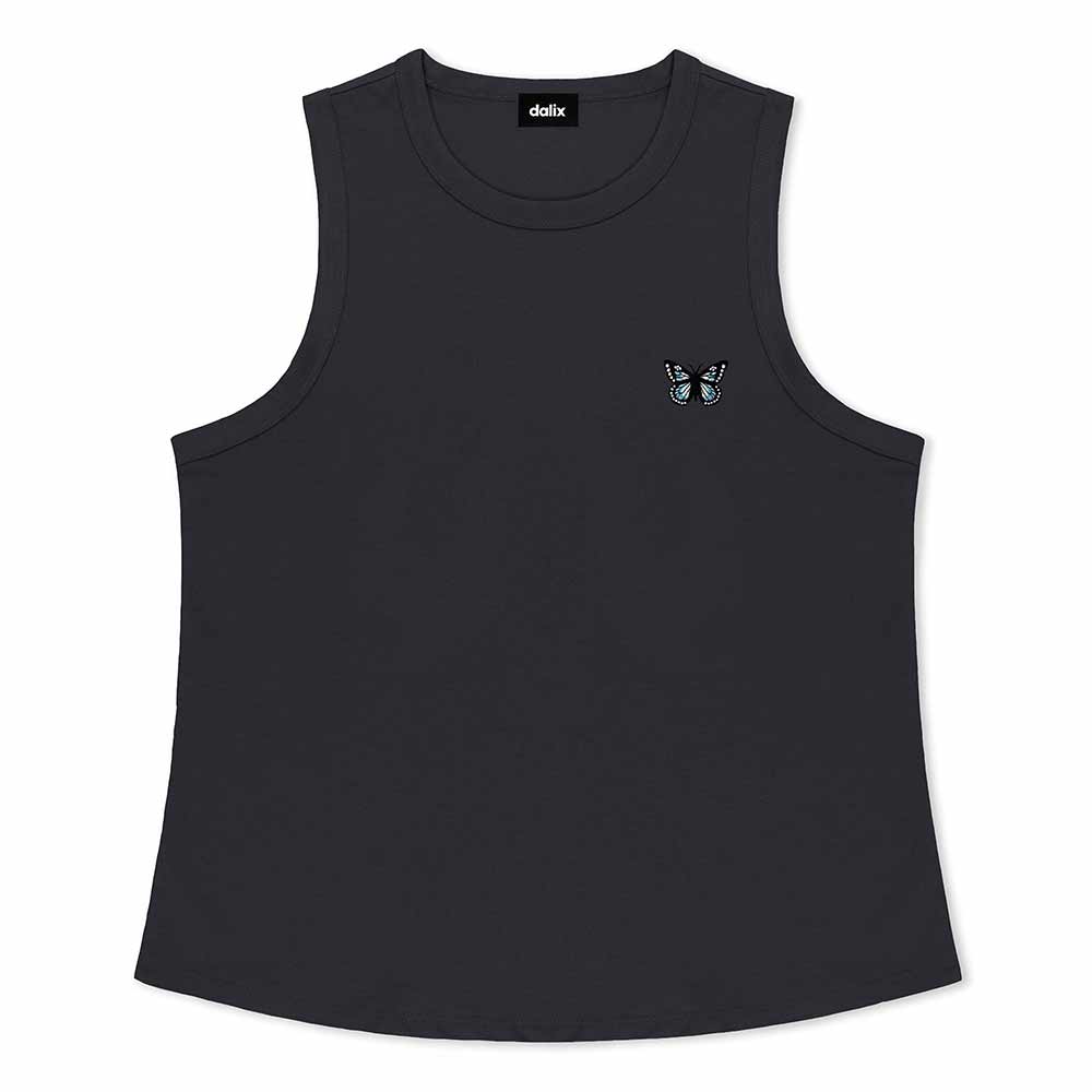 Dalix Butterfly Cotton Tank Top Sleeveless Shirt Relaxed Fit Midweight Soft Breathable Casual Everyday Wear Womens in Ink Blue S Small