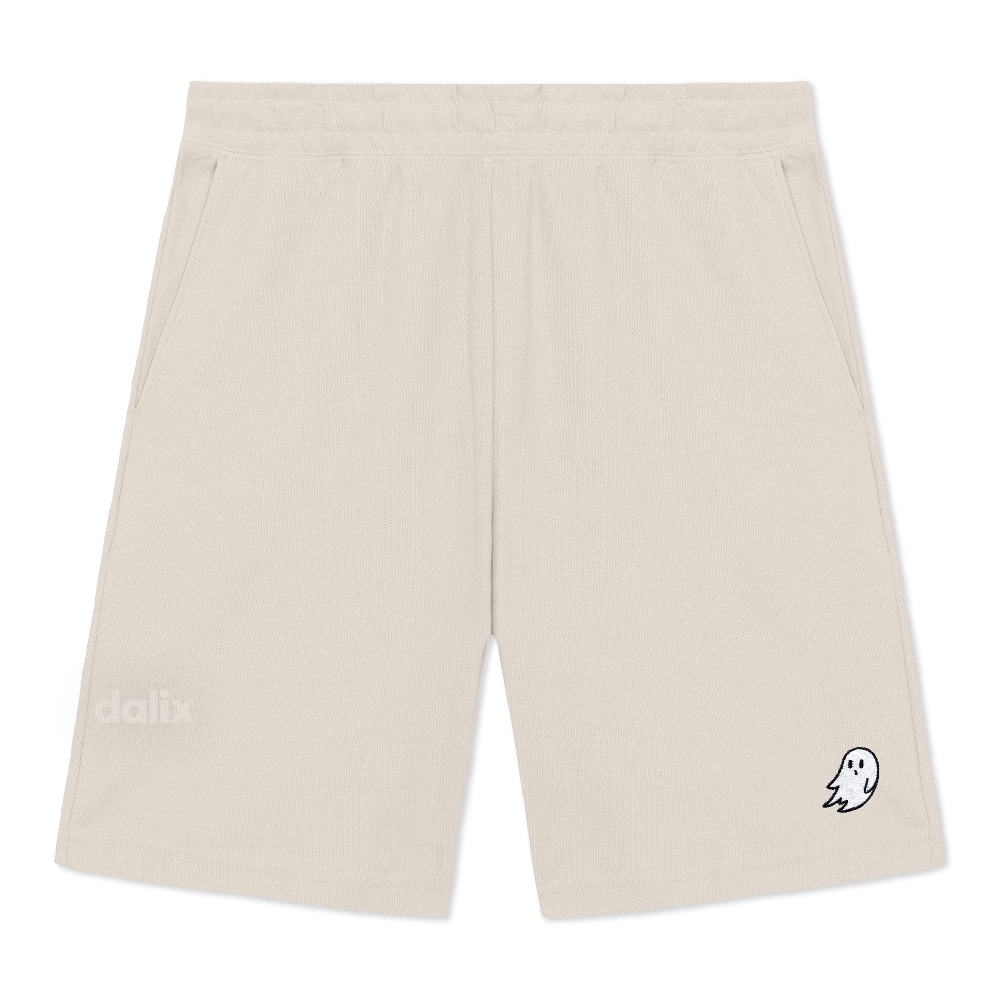 Dalix Ghost Gym Short Sport Embroidered Casual Pocket Mesh Drawcord Waist Mens in Bone S Small