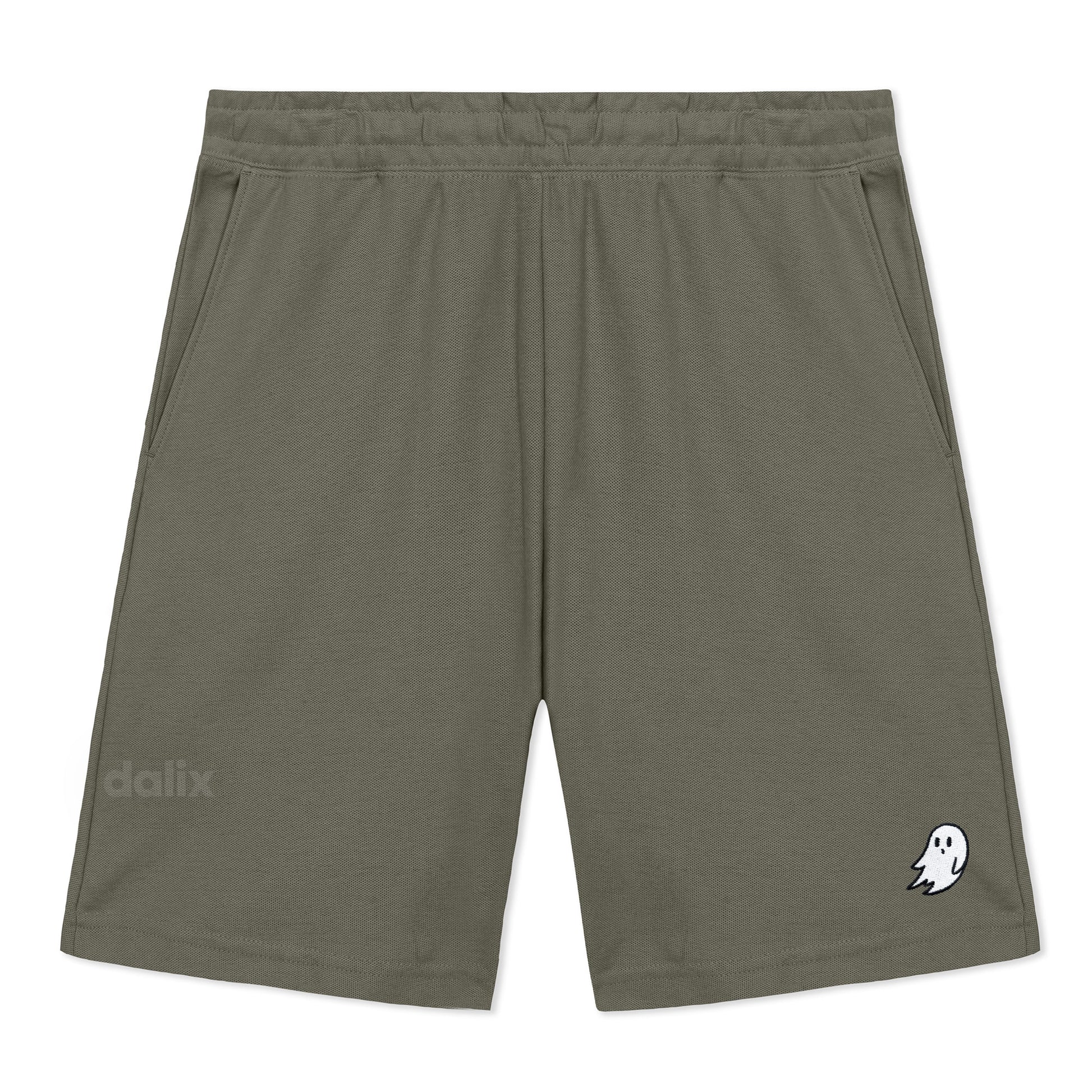 Dalix Ghost Gym Short Sport Embroidered Casual Pocket Mesh Drawcord Waist Mens in Olive S Small