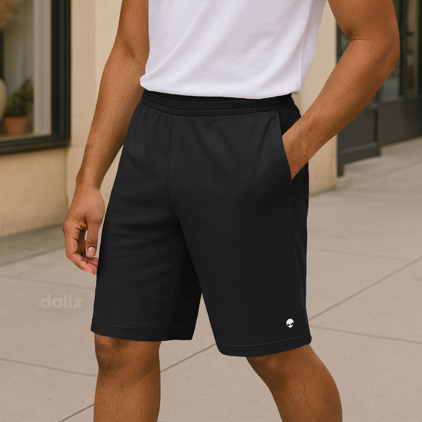 Dalix Lil Alien Gym Short Sport Embroidered Casual Pocket Mesh Drawcord Waist Mens in Black S Small