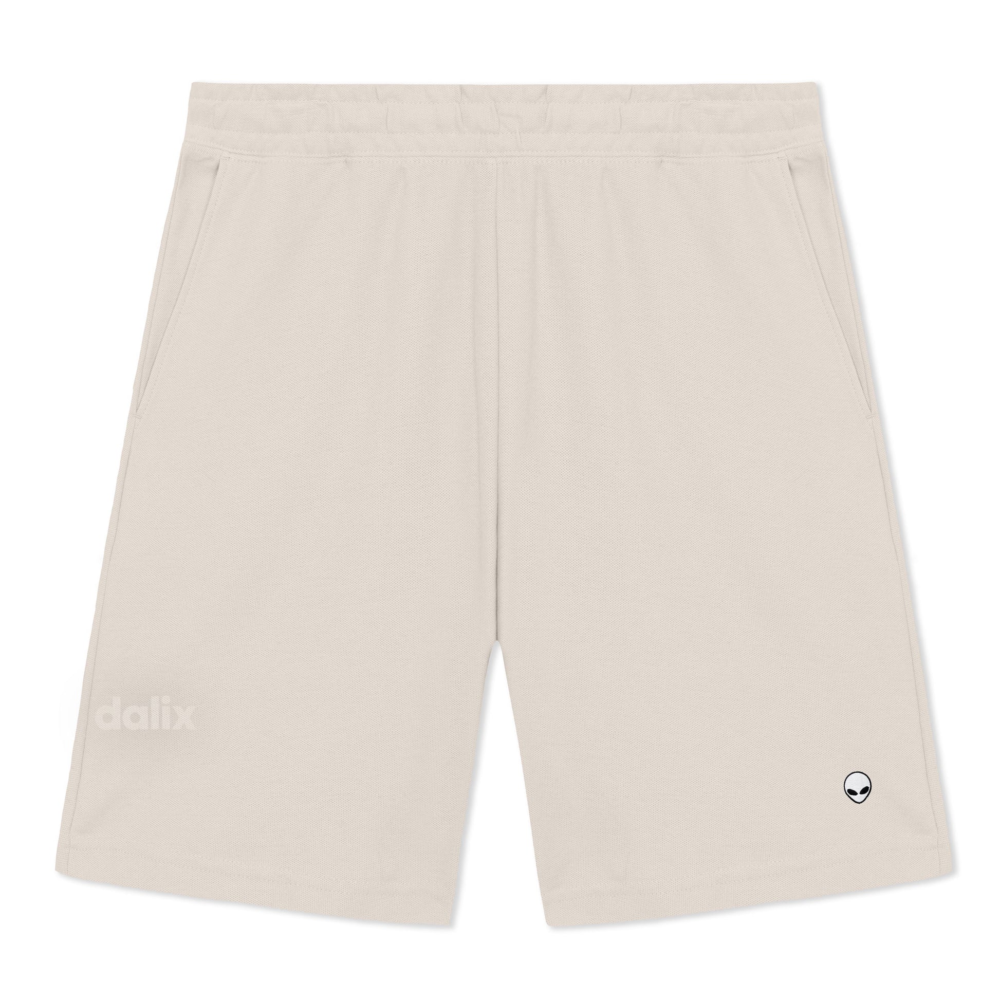Dalix Lil Alien Gym Short Sport Embroidered Casual Pocket Mesh Drawcord Waist Mens in Bone S Small