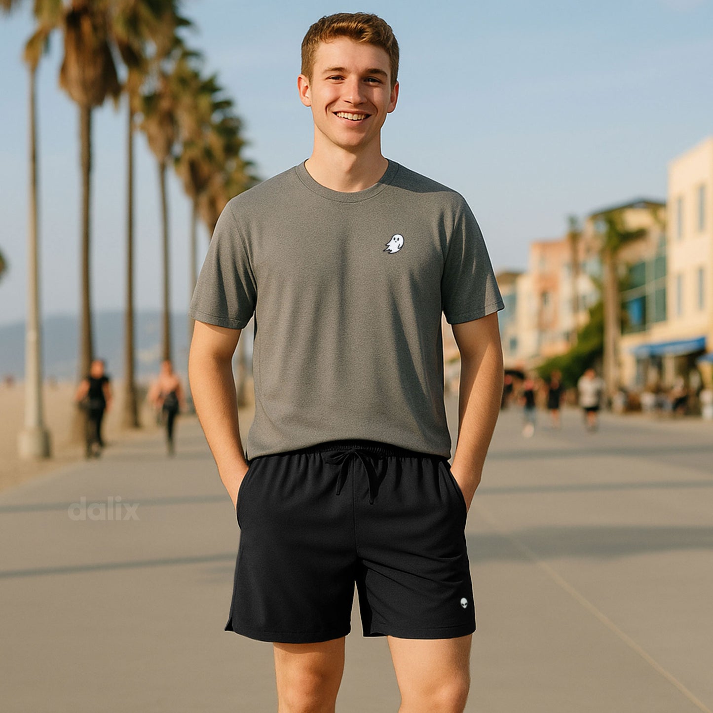 Dalix Lil Alien Active Short Gym Workout Embroidered Casual Zip Pocket Mesh Drawcord Waist Mens in Black S Small