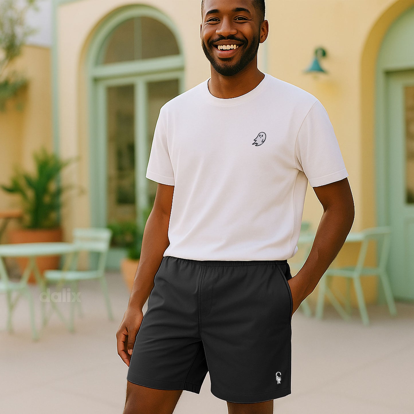 Dalix Astronaut Beach Short Embroidered Casual Pocket Mesh Drawcord Waist Mens in Black S Small
