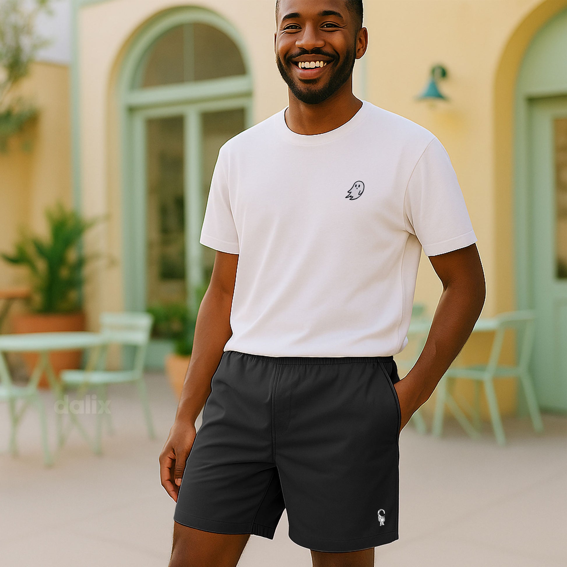 Dalix Astronaut Beach Short Embroidered Casual Pocket Mesh Drawcord Waist Mens in Black S Small