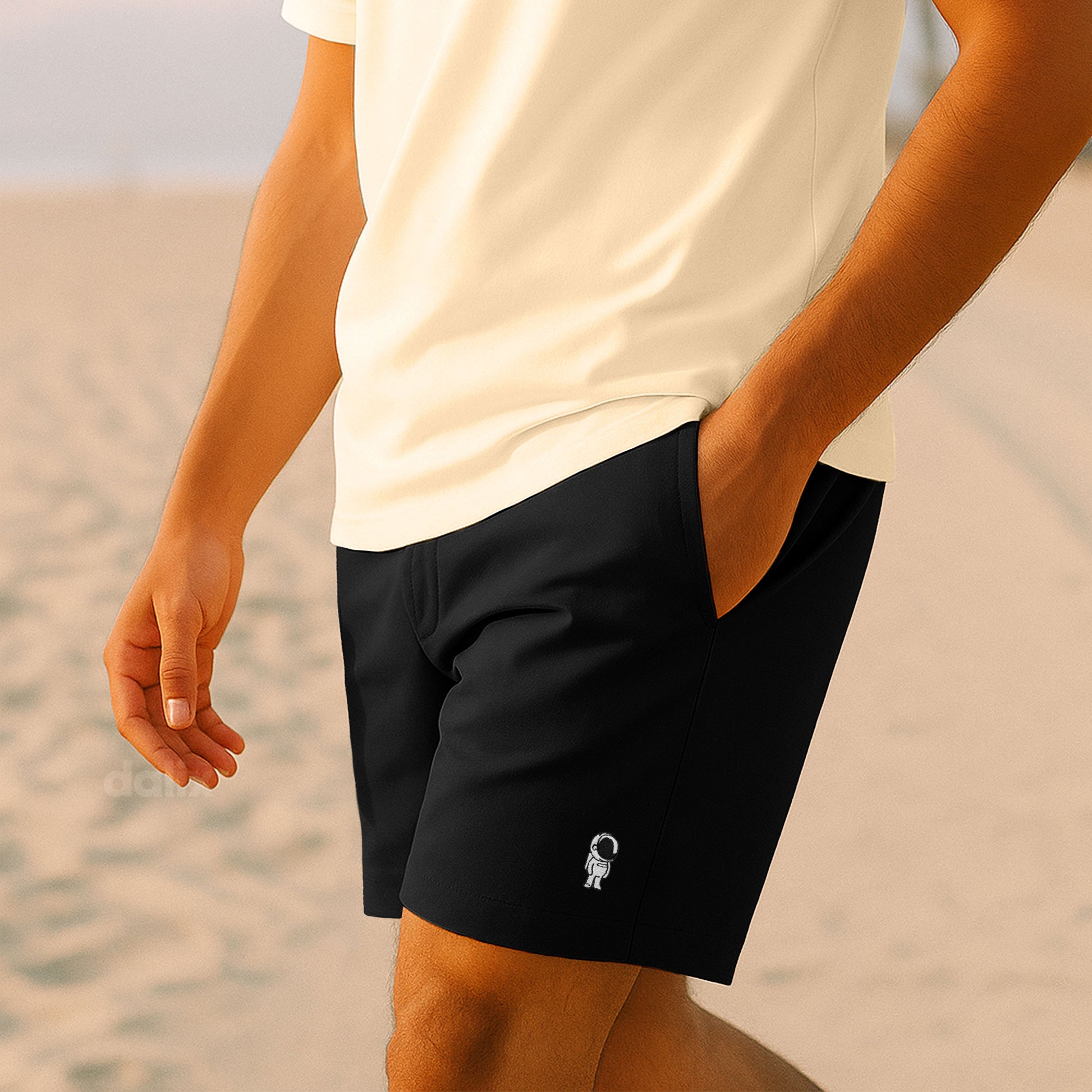 Dalix Astronaut Beach Short Embroidered Casual Pocket Mesh Drawcord Waist Mens in Black S Small