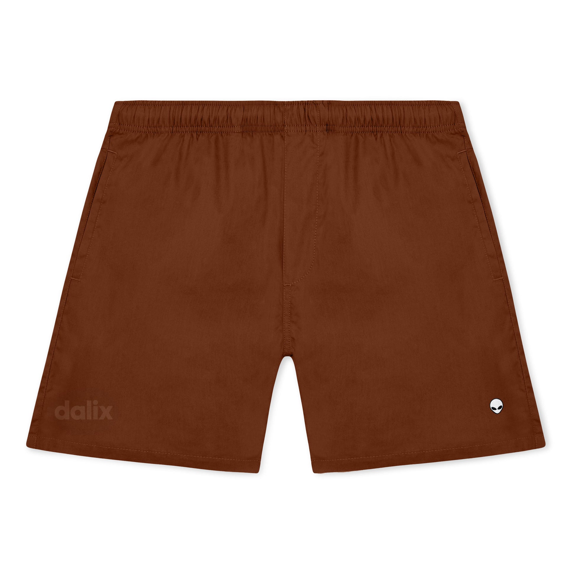 Dalix Lil Alien Beach Short Embroidered Casual Pocket Mesh Drawcord Waist Mens in Clay S Small