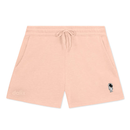 Dalix Astronaut Embroidered Shorts Washed Soft Fleece Relaxed Drawstring Pocket Fit Lounge Womens in Blush S Small