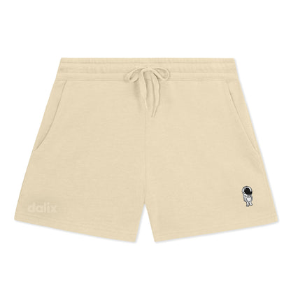 Dalix Astronaut Embroidered Shorts Washed Soft Fleece Relaxed Drawstring Pocket Fit Lounge Womens in Bone S Small