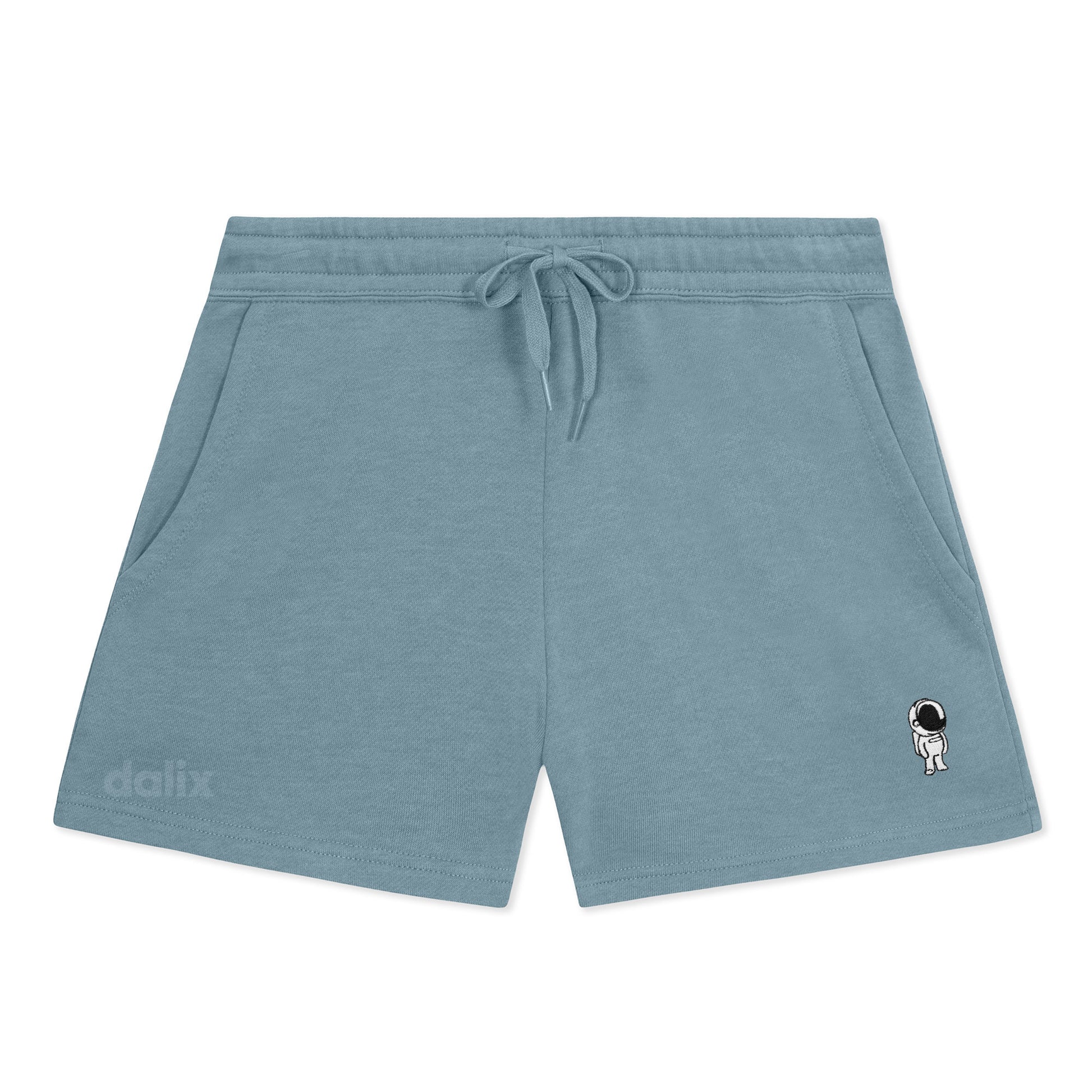 Dalix Astronaut Embroidered Shorts Washed Soft Fleece Relaxed Drawstring Pocket Fit Lounge Womens in Misty Blue S Small