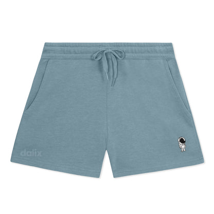 Dalix Astronaut Embroidered Shorts Washed Soft Fleece Relaxed Drawstring Pocket Fit Lounge Womens in Misty Blue S Small