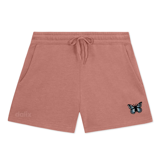 Dalix Butterfly Embroidered Shorts Washed Soft Fleece Relaxed Drawstring Pocket Fit Lounge Womens in Dusty Rose S Small