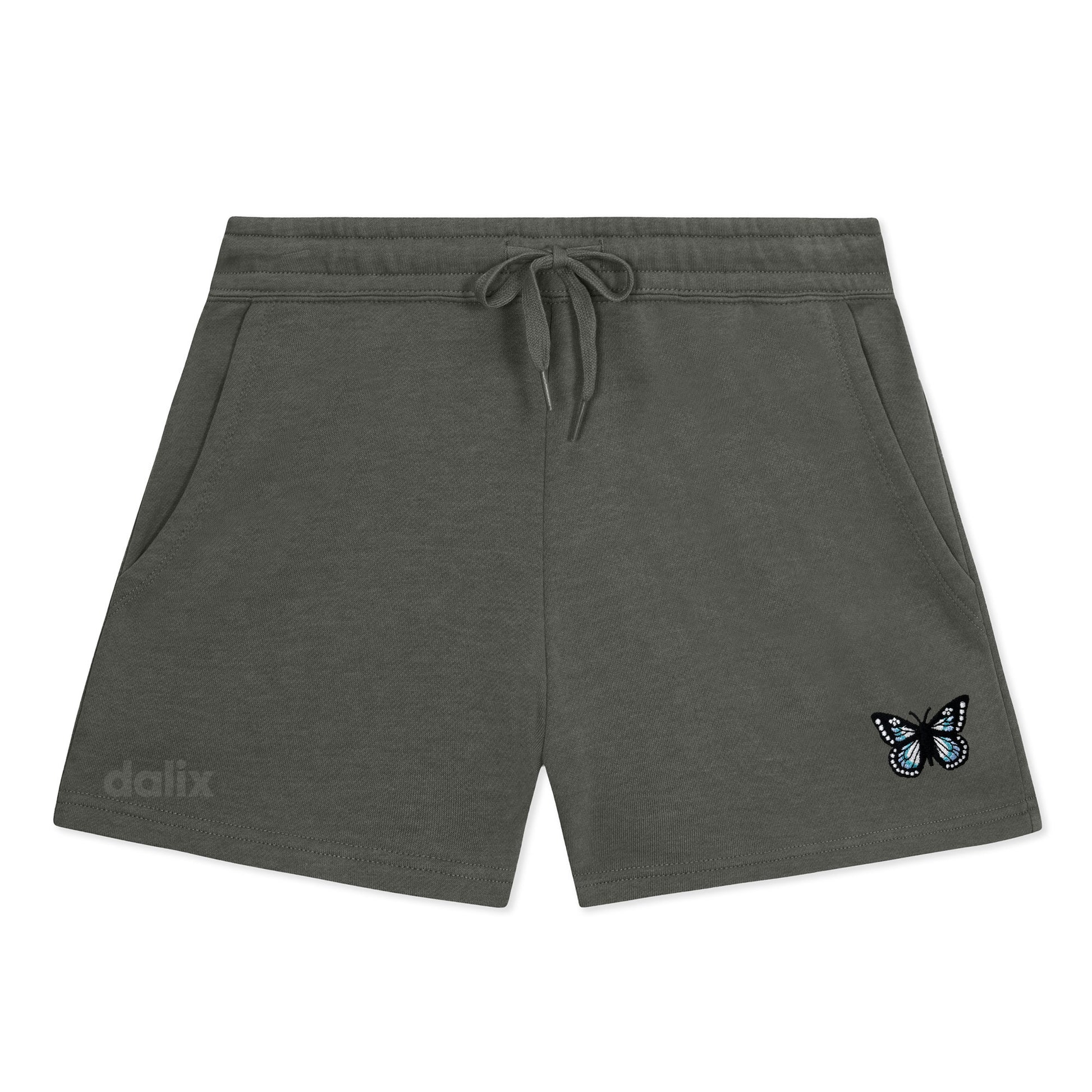 Dalix Butterfly Embroidered Shorts Washed Soft Fleece Relaxed Drawstring Pocket Fit Lounge Womens in Shadow S Small
