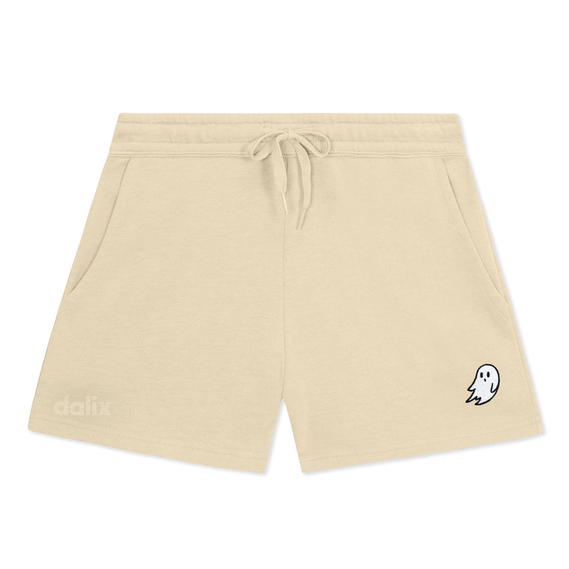 Dalix Ghost Embroidered Shorts Washed Soft Fleece Relaxed Drawstring Pocket Fit Lounge Womens in Bone S Small