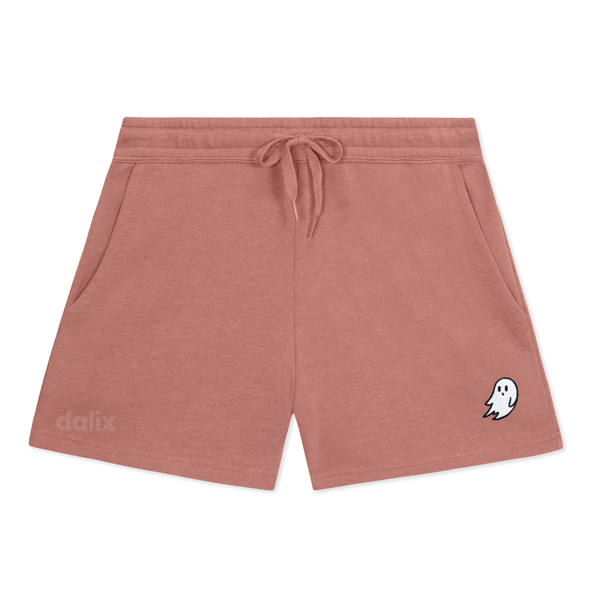 Dalix Ghost Embroidered Shorts Washed Soft Fleece Relaxed Drawstring Pocket Fit Lounge Womens in Dusty Rose S Small