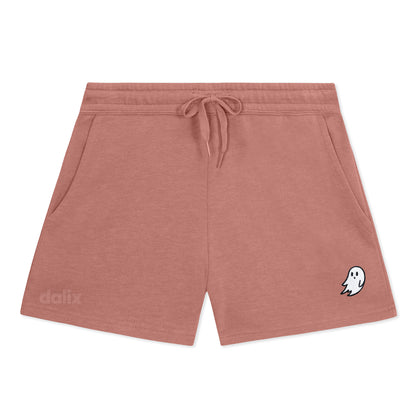 Dalix Ghost Embroidered Shorts Washed Soft Fleece Relaxed Drawstring Pocket Fit Lounge Womens in Dusty Rose S Small